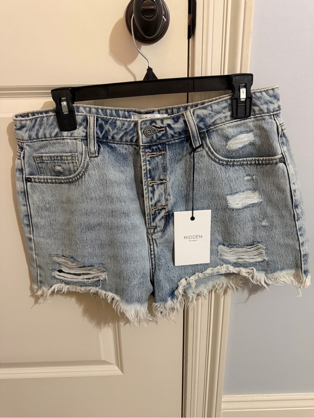 High-Rise Light Blue Distressed Denim Shorts by Hidden
